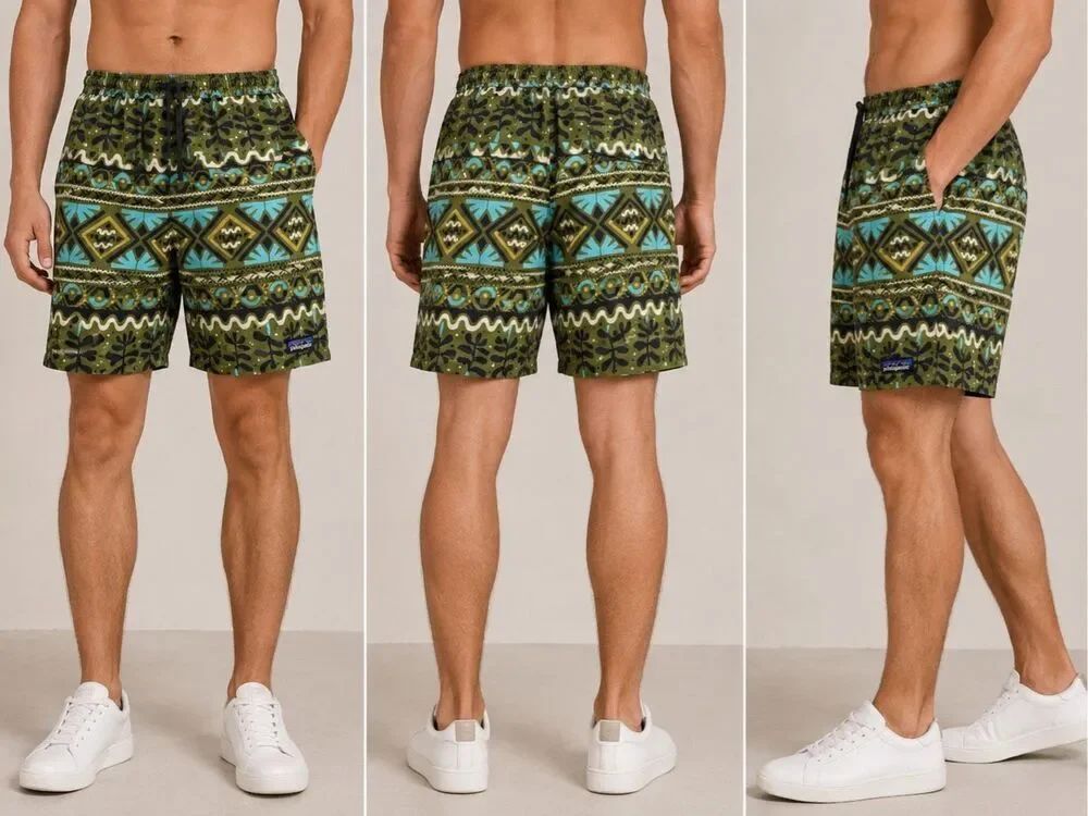 Patagonia Mens Baggies Swim Shorts Tribal Print Mesh Lined XL Green Beach Swim